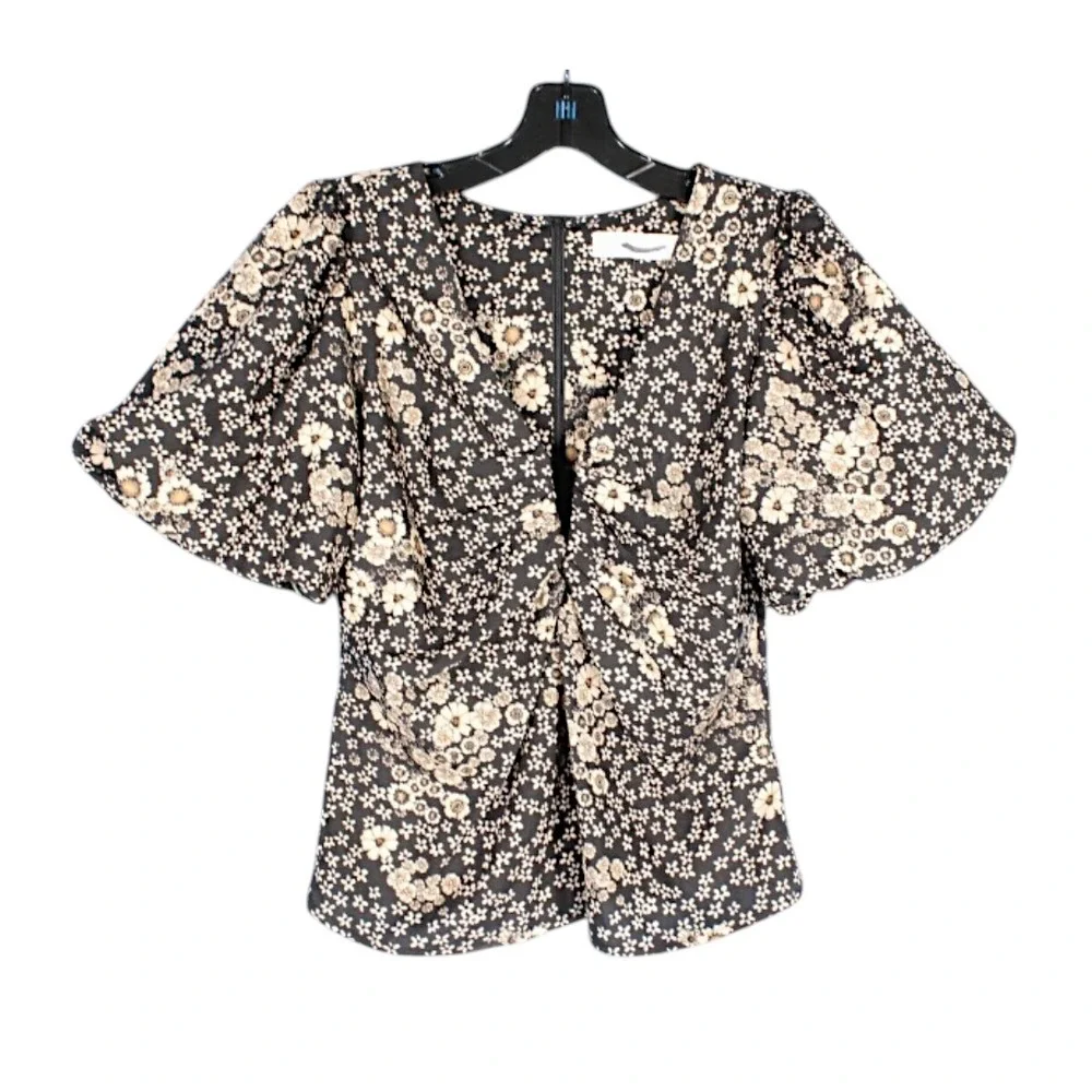 ASTR THE LABEL Black/Tan Floral Crepe PUFF SLEEVE V-NECK TOP Blouse Party SZ XS
